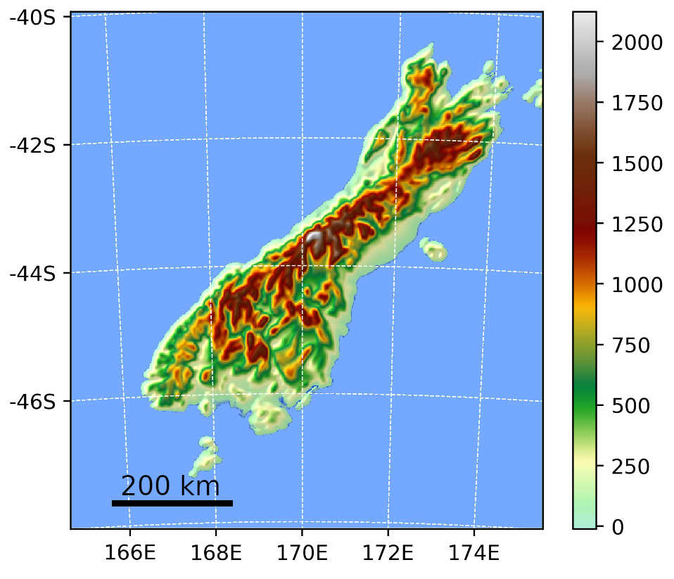 Study Domain - 4x4km² grid spacing digital elevation model of the South Island of New Zealand